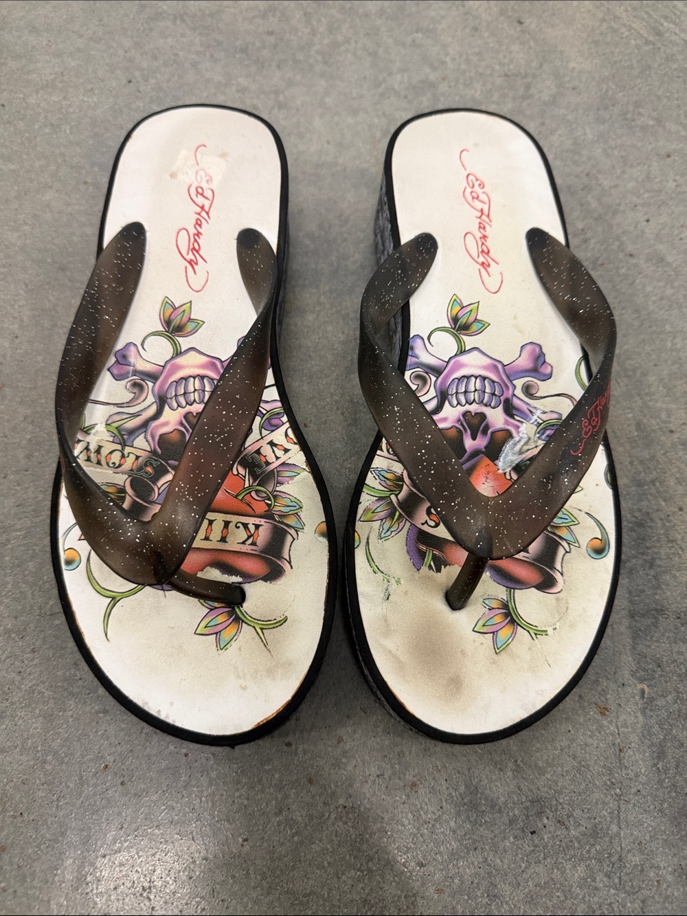 Ed Hardy Vintage Y2K White Footbed Sandals with Brown Glitter Straps